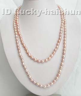 Genuine 52 pink baroque rice Freshwater pearl necklace  