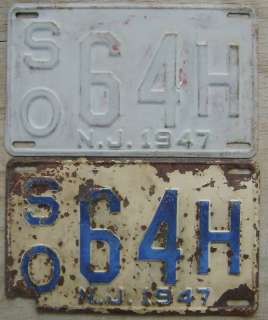 1947 NEW JERSEY LICENSE PLATE # SO 64 H PAIR  