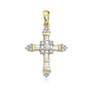    14K Yellow Gold Round & Baguette Diamond Cross Pendant Jewelry