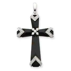  14K White Gold Black Onyx & Diamond Cross Pendant Jewelry