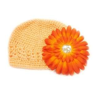   Hat Fits 0   9 Months With a 4 Orange Gerbera Daisy Flower Hair Clip