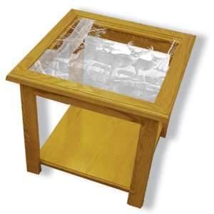 Deer Art in Etched Glass Top   End Table Square 