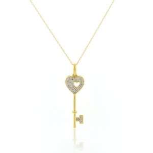   Solid Yellow Gold Genuine Diamond Heart Key Shape Pendant with a Chain