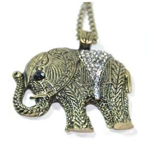 Vintage bronze elephant white crystal long necklace diamente jewelry 
