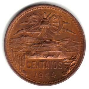 1954 Mo Mexico 20 Centavos Coin KM#439   Pyramid of the 