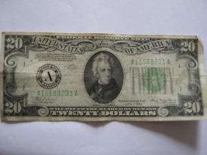 1934 Twenty Dollar Bill Federal Reserve Note A Series  