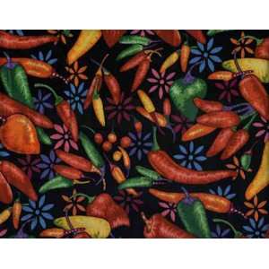   , Brightly Colored Chile Peppers on Black by Alexander Henry Fabrics