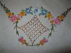 VINTAGE OFF WHITE LINEN EMBROIDERED FRENCH KNOTS TABLECLOTH TABLE 