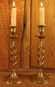 Pair of Antique Brass Open Barley Twist Candle Holders  