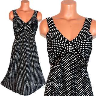 Womens Black and White Polka Dot Retro Chic Slinky Knit Summer Dress 