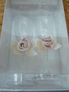 New Wedding Champange Flutes Toasting Glasses Rum Pink Roses  