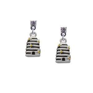   Beehive with 4 Bees Clear Swarovski Post Charm Earrings [Jewelry