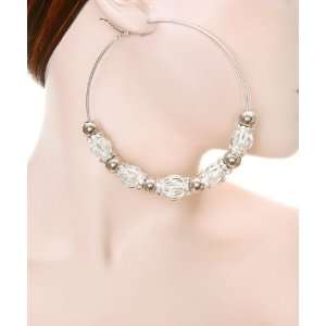    Silver Tone Beads & Rhinestones Fancy Large Hoop Earrings Jewelry