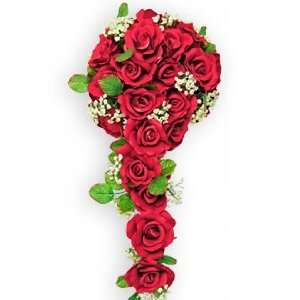 Wedding Bouquet True Red Silk Rose CASCADE 36 ROSES