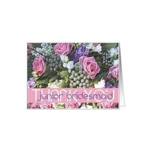  junior bridesmaid thank you   pink rose bouquet Card 