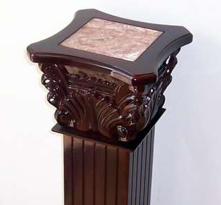Cherry Finish Wood Square Pedestal Column Marble Top Plant Stand