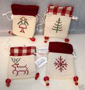 Set/4 fabric Cross Stitch Gift Bags w/drawstring,button  