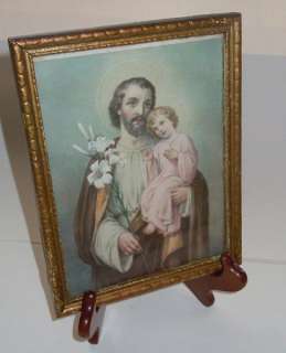 Vintage St Joseph Print in Frame Baby Jesus  
