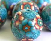 Handmade Polymer Clay Beads  Teal Copper Flowers   Made to Order