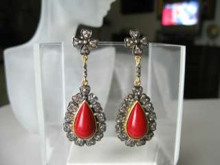   /Edwardian Red Coral Teardrop & Rosecut Diamond Chandelier Earrings