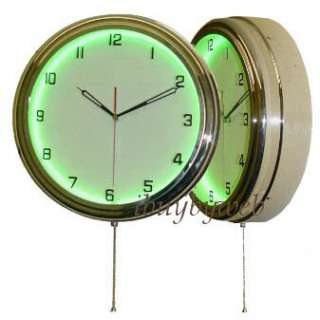 15 Green Neon Glass Face & Chrome Wall Clock NEW  