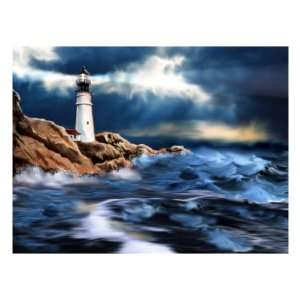  Lighthouse and Stormy Seas Giclee Poster Print, 12x16 