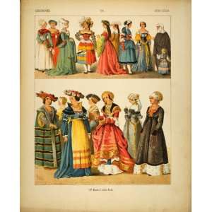  1882 Costume German Women Renaissance Dress Hats Cloak 