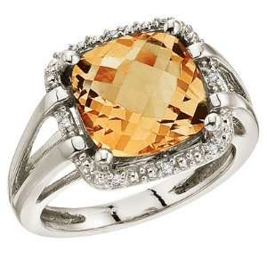  Cushion Cut Citrine and Diamond Cocktail Ring 14k White 