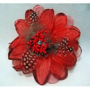  NEW Red Sheer Dahlia with Feathers Hair Flower Clip Pin 
