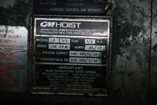 TON CM LODESTAR ELECTRIC HOIST WITH PUSH TROLLEY, TESTED INV856 