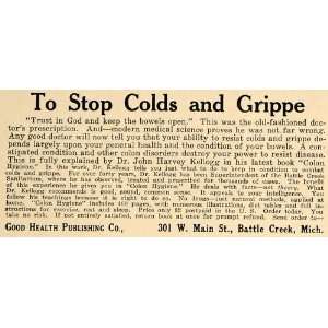  1916 Ad Colds Grippe Dr. John Harvey Kellogg Bowels 