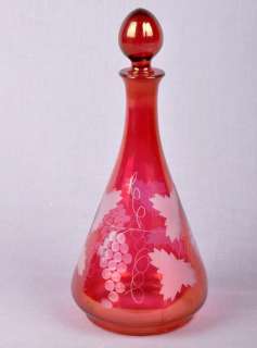 Vintage Etched Cranberry Glass Decanter & Cordial Set  