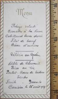 1929 Handwritten French Menu   Creme dEndives, Boeuf  