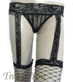 Black Queen Size Fishnet Thigh Hi Stockings Garter Belt  