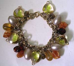   ETRUSCAN STYLE CHARMS FACETED HEARTS PEARLS LARGE GLASS BEADS BRACELET