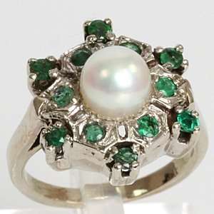    14k White Gold Pearl & Emerald Vintage Estate Ring Jewelry
