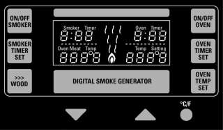 The smokers digital control panel manages temperature, time, and 