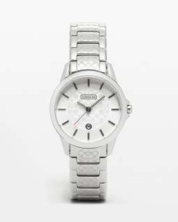   signature etched center links women s round silver watch with coach c