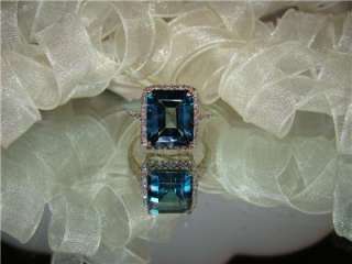   YG Emerald Cut Large London Blue Topaz Diamonds Ring, Size 7  