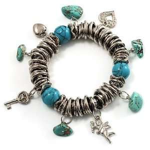  Silver Tone Link Charm Flex Bracelet (Turquoise Style 