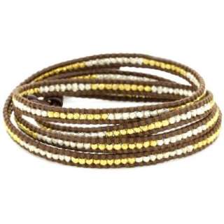 Chan Luu Gold Vermeil And Silver Bead Brown Leather Wrap Bracelet 
