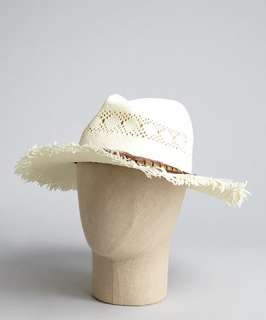 Grace Hats ivory paper straw raw edge and feather band Felio hat