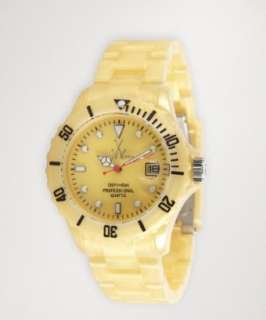   gold plastic Pearlized Plasteramic chronograph link bracelet watch