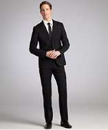 Armani Armani Collezioni black wool two button suit with flat front 