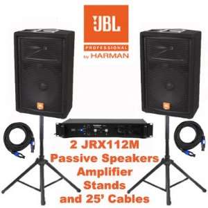  JBL Passive 12 JRX112M DJ Speakers, Amp, Stands and 25 