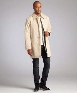 Hickey Freeman khaki cotton linen double bib front belted trench coat