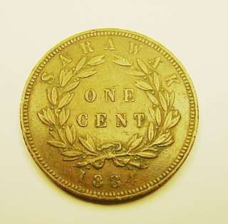 1884 SARAWAK/MALAYSIA ONE CENT COPPER COIN BROOKE RAJAH  