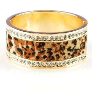   Bracelet in Gold Tone with Clear Rhinestones and Brown Leopard Skin