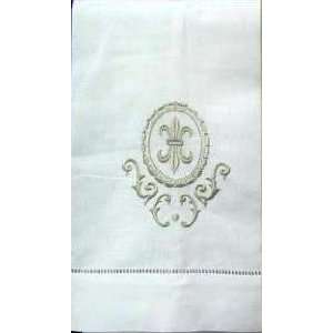  Linen Hand Towel White w/Fleur de Lis Embroidery