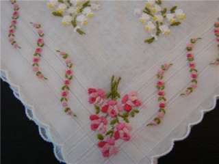 pretty vintage handkerchief with embroidered tiny pink Roses and Lily 